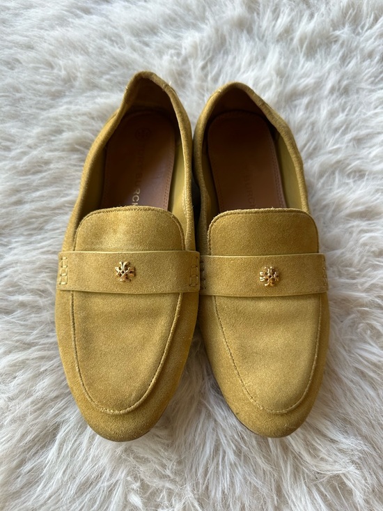 Tory Burch Other - Tory Burch Mustard Yellow Suede Penny Loafers with Gold Emblem Ballet shoes 7.5